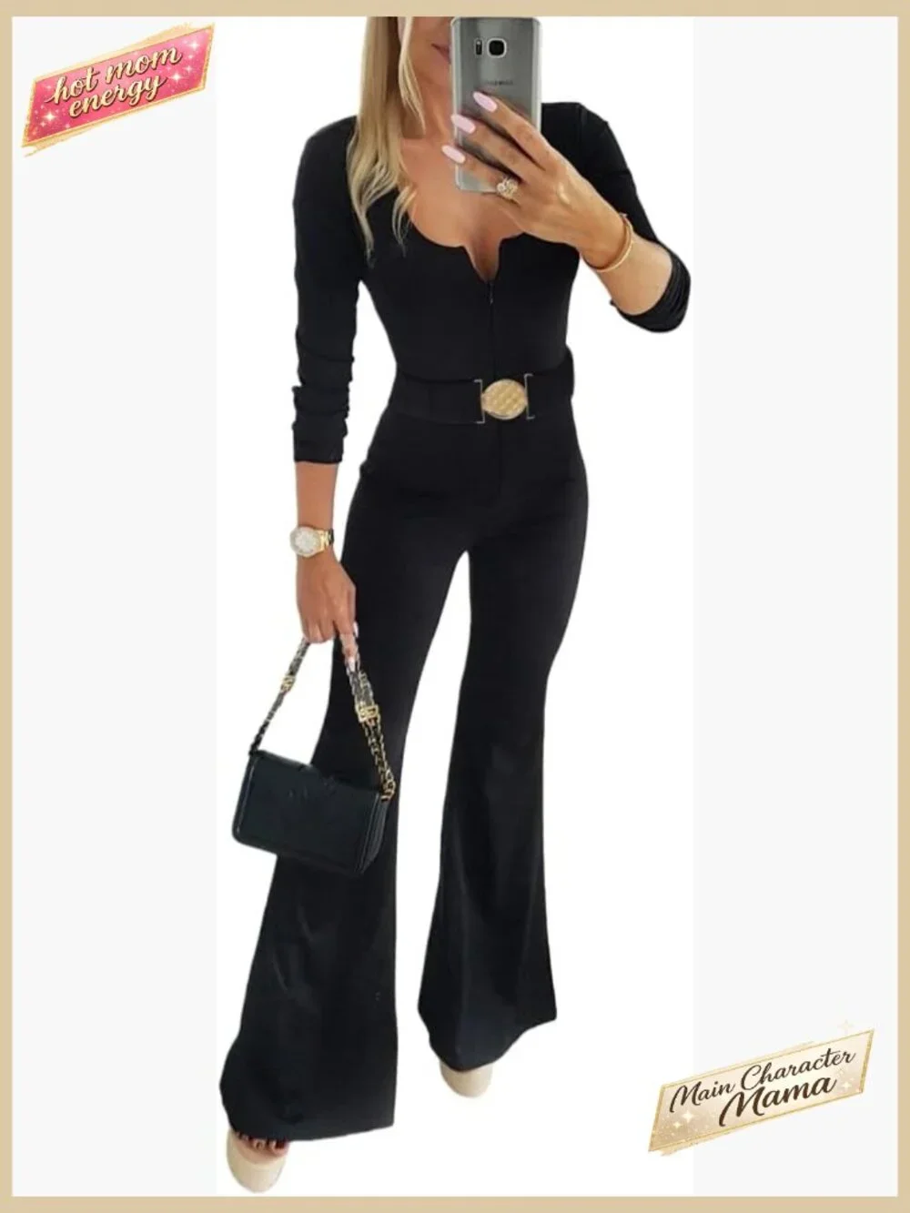 Long Sleeve U-Neck Zipper Front Jumpsuit with Belt Flared Pants - Picture 1 of 7